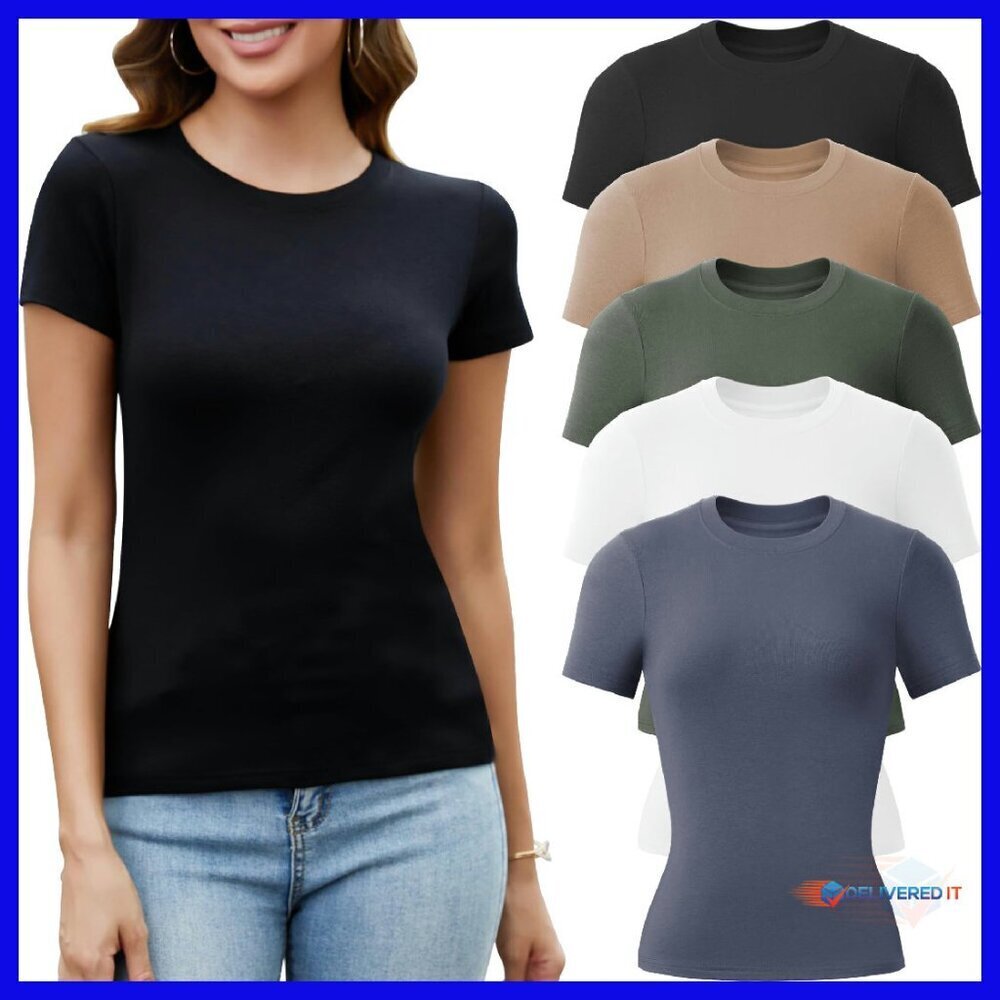 Stretchy Rayon Crew Neck Tees Women's Fitted Basic Tops 5 Pack